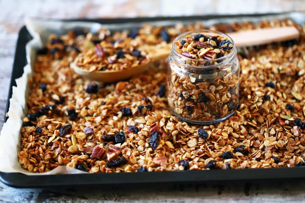 fresh homemade pumpkin seed granola on tray