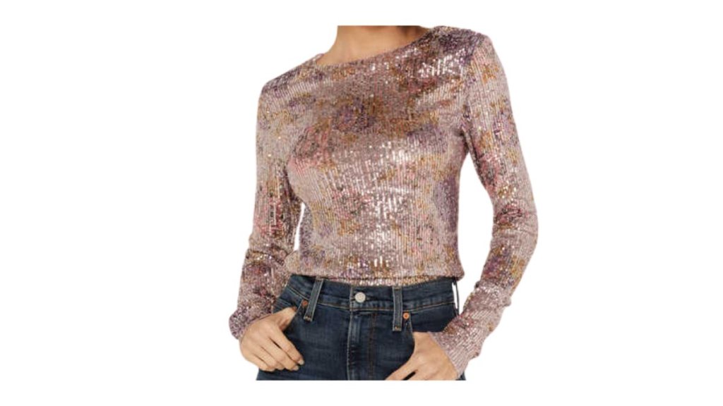 Free People Gold Rush Printed Sequins Long Sleeve Top