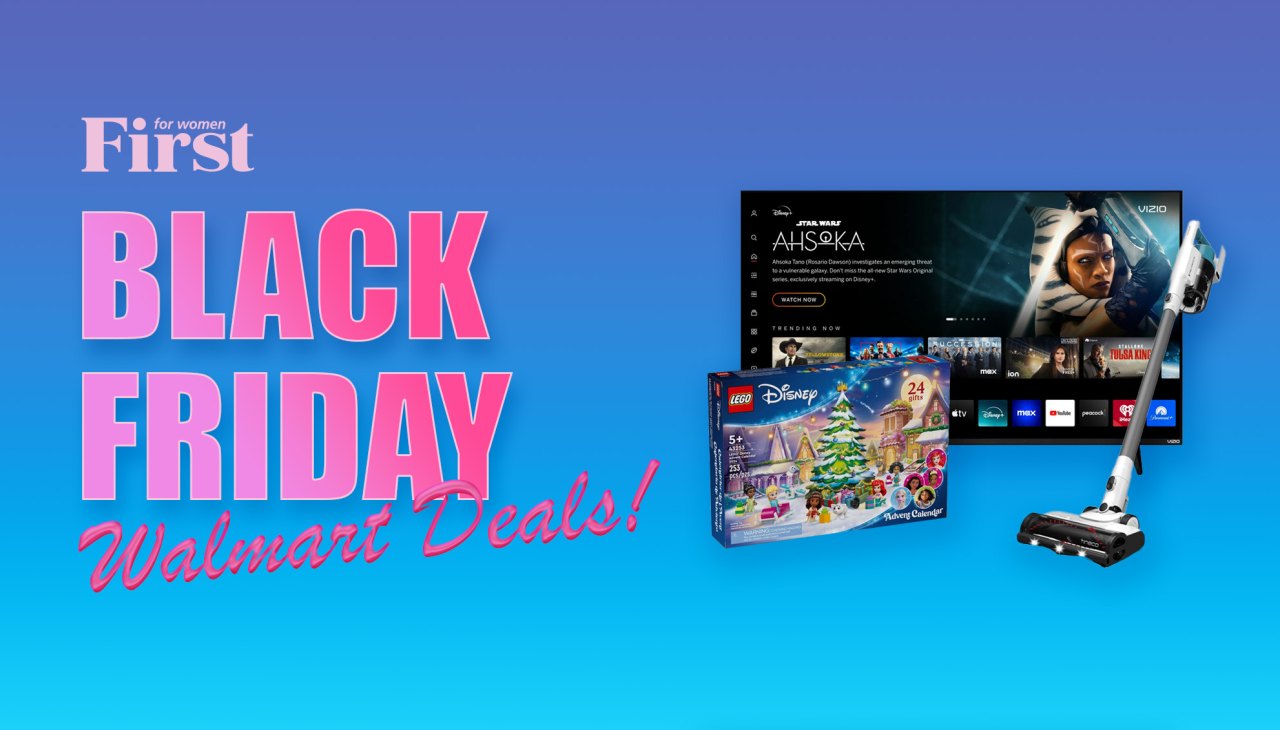 A light pink version of the First for Women logo floats above hot pink text that reads 'Black Friday Walmart Deals!' That's placed next to images of a smart TV, Disney Lego Advent Calendar, and lightweight vacuum cleaner.