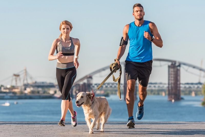 people jogging with dog