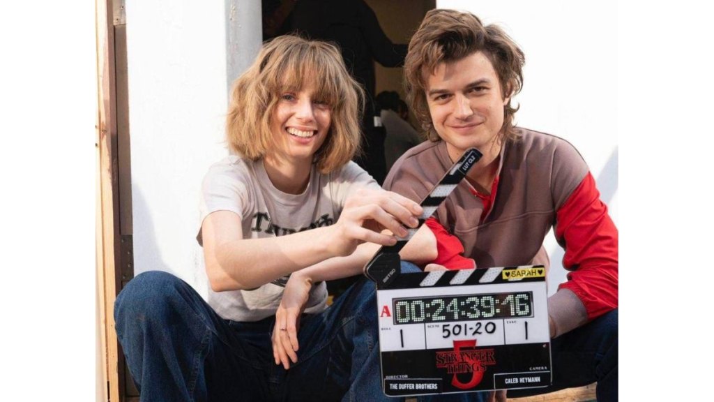 Maya Hawke and Joe Keery filming season 5