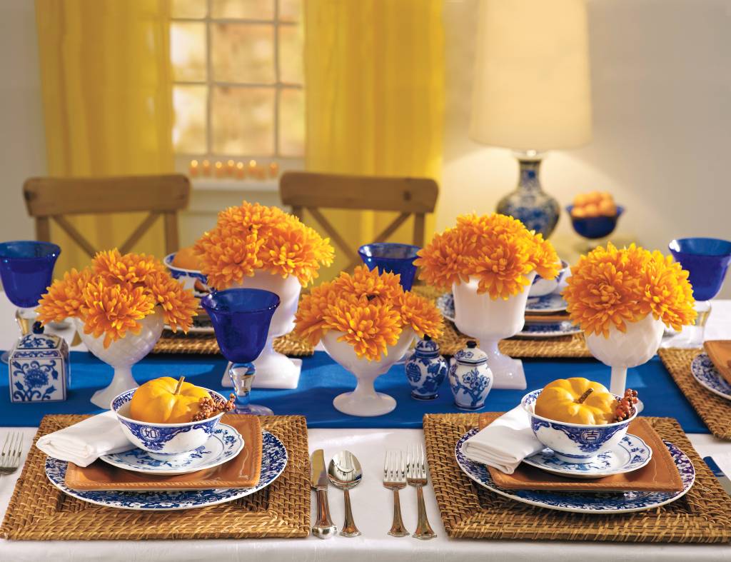 Table centerpiece ideas: Thanksgiving floral tabletop runner shown on table