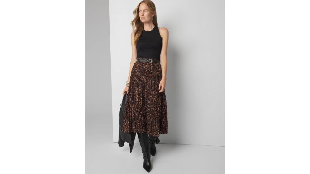 White House Black Market Pleated Leopard Print Skirt