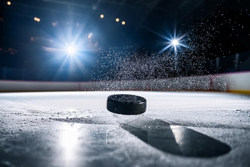 Close-up of a hockey puck falling onto the ice surface at the ice rink.