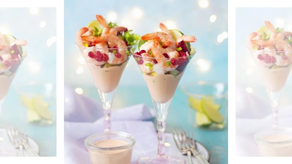 Shrimp cocktail with avocado and pomegranate as part of a recipe roundup of New Year's Eve appetizers