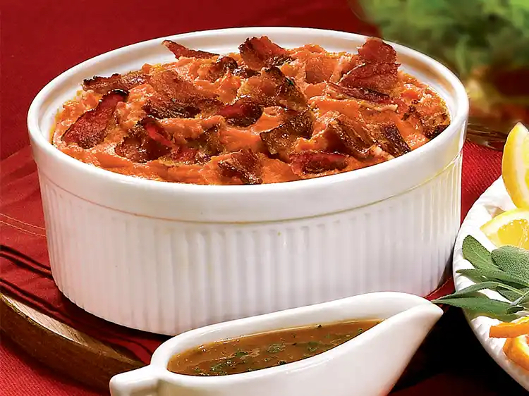 Sweet potatoes with candied bacon as part of a roundup of Kwanzaa recipes