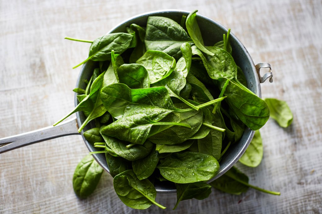 Fresh spinach leaves in colander on wood for spinach artichoke dip