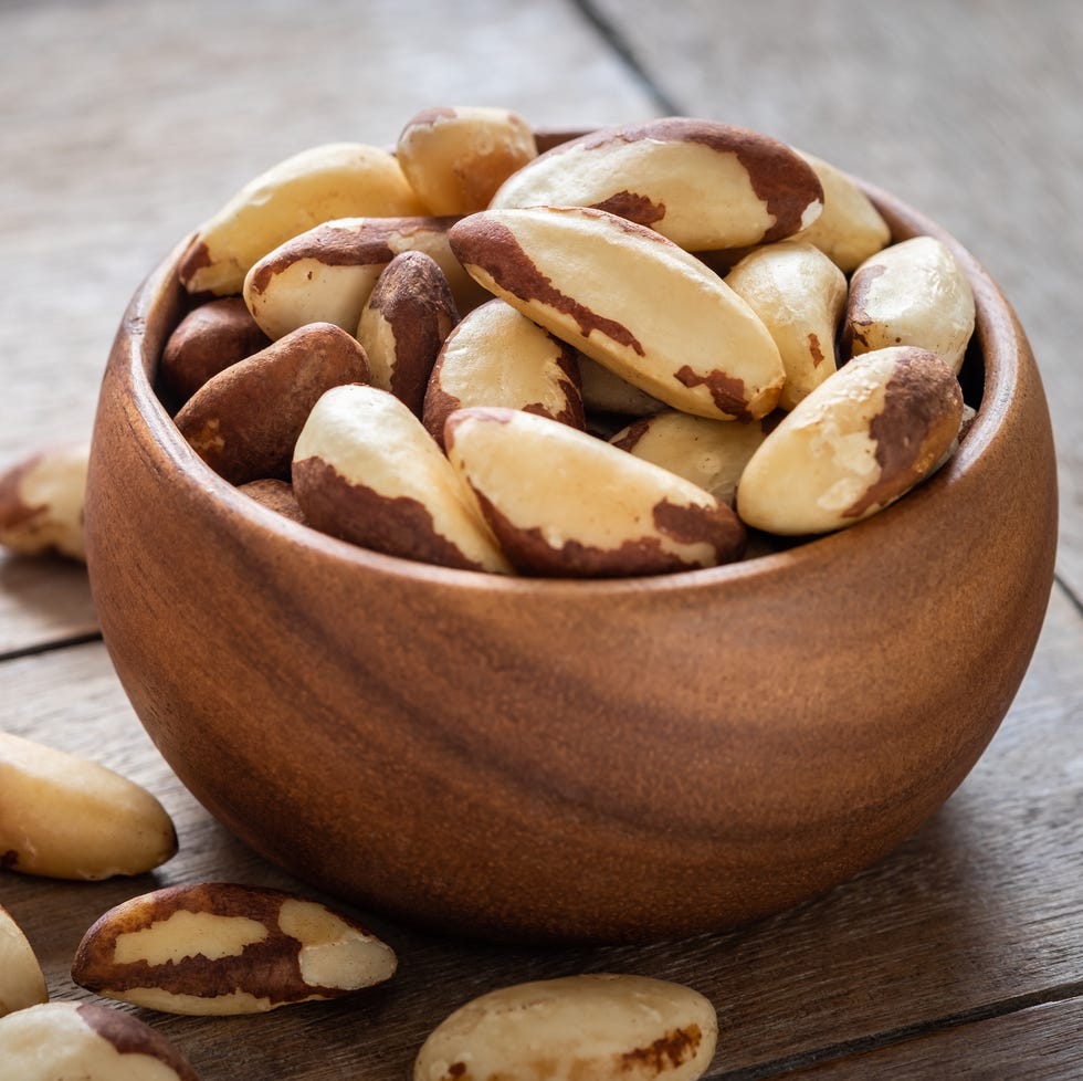 brazil nuts in wooden bowl