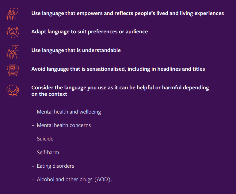 There is no ‘one size fits all’ approach to safe and inclusive language; we need representations that accurately reflect the individual and unique experience of mental health, suicide and use of alcohol and other drugs.