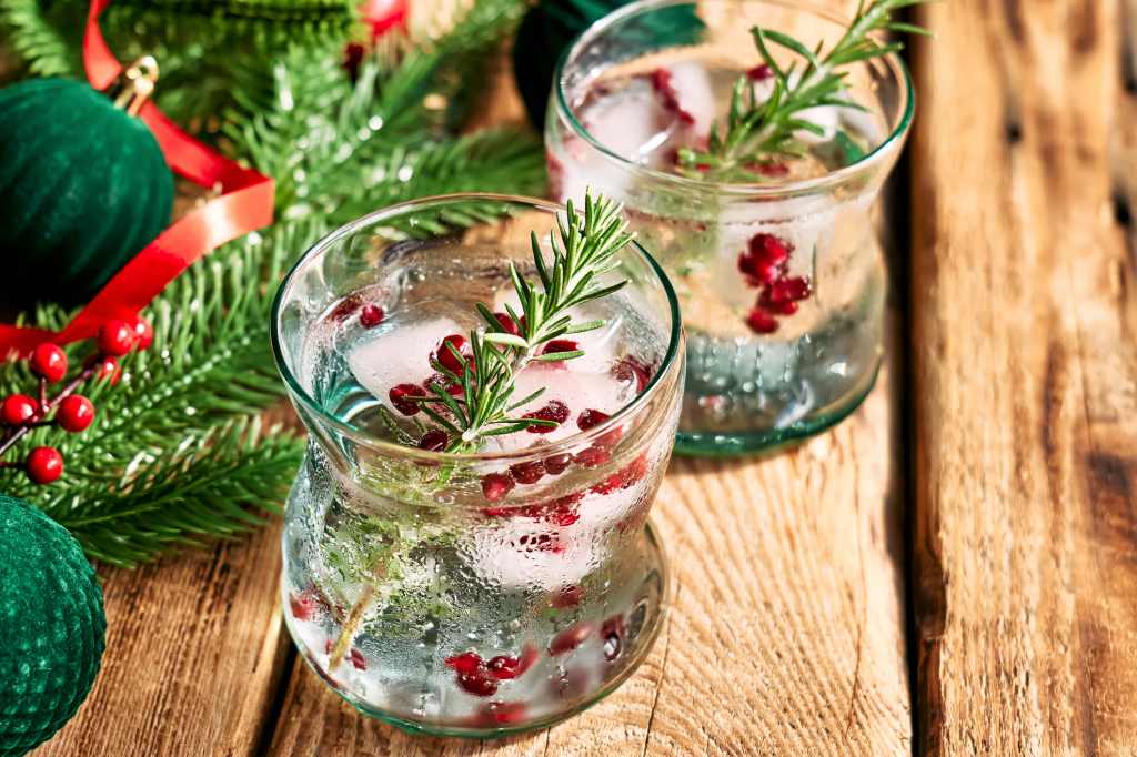 viral snow globe cocktails variation with champagne and pomegranate ice cubes