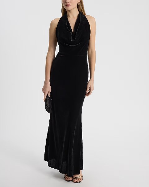 Express Velvet Cowl Neck Bow Halter Maxi Dress