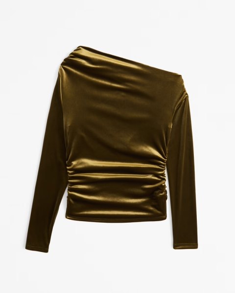 Abercrombie & Fitch Long-Sleeve Velvet Asymmetrical Draped Top