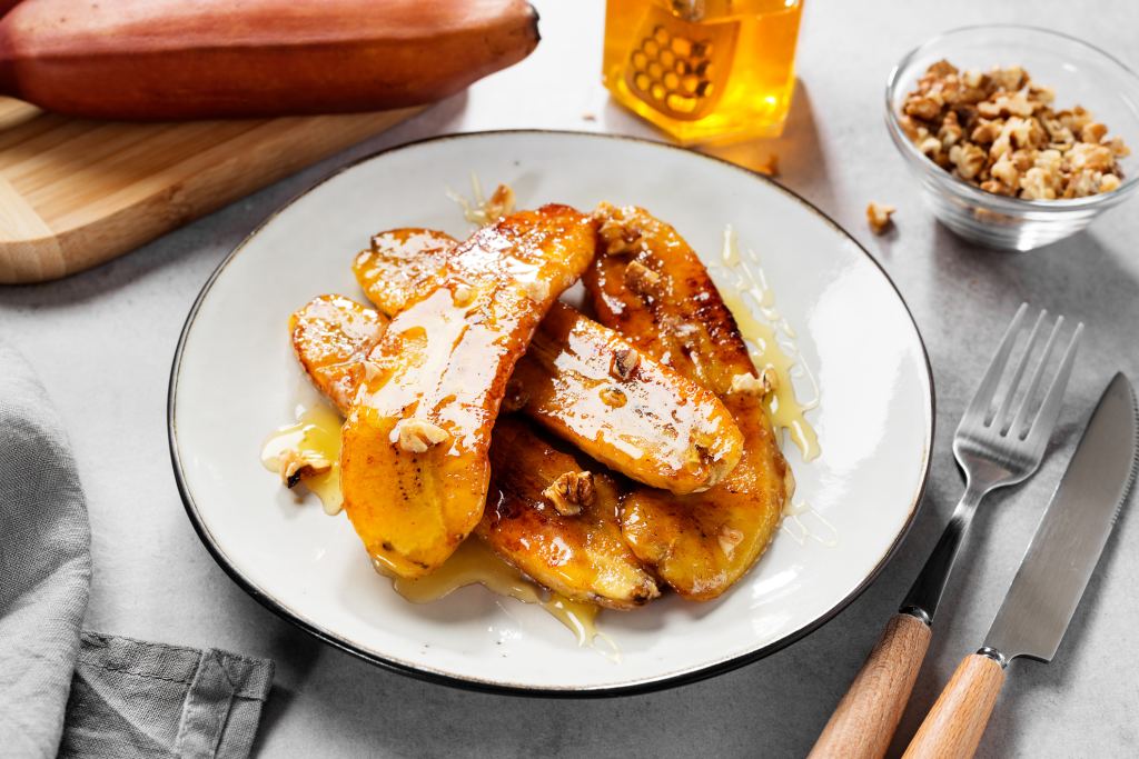 A plate of air fryer roasted bananas