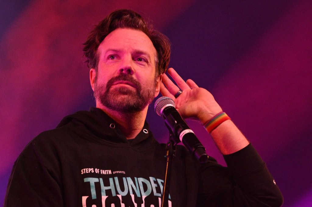 KANSAS CITY, MISSOURI - NOVEMBER 09: Jason Sudeikis speaks onstage during the 2024 Thundergong at the Uptown Theater on November 09, 2024 in Kansas City, Missouri. 