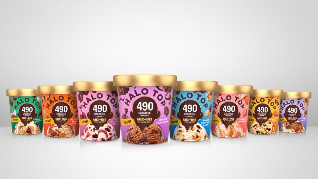 Halo Top's new mix-in ice creams, eight flavors in in a line