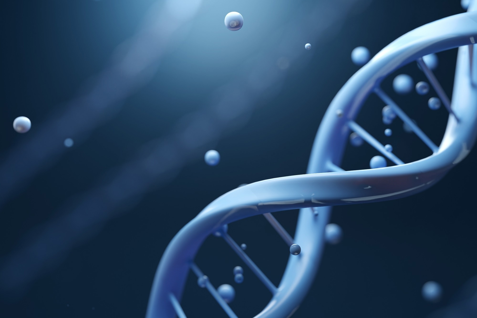 Blue DNA double helix with bubble on dark blue background.