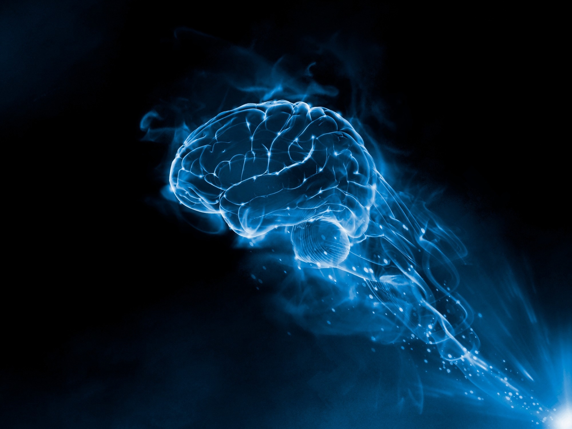 Brain blue fire smoke effect on the black background.