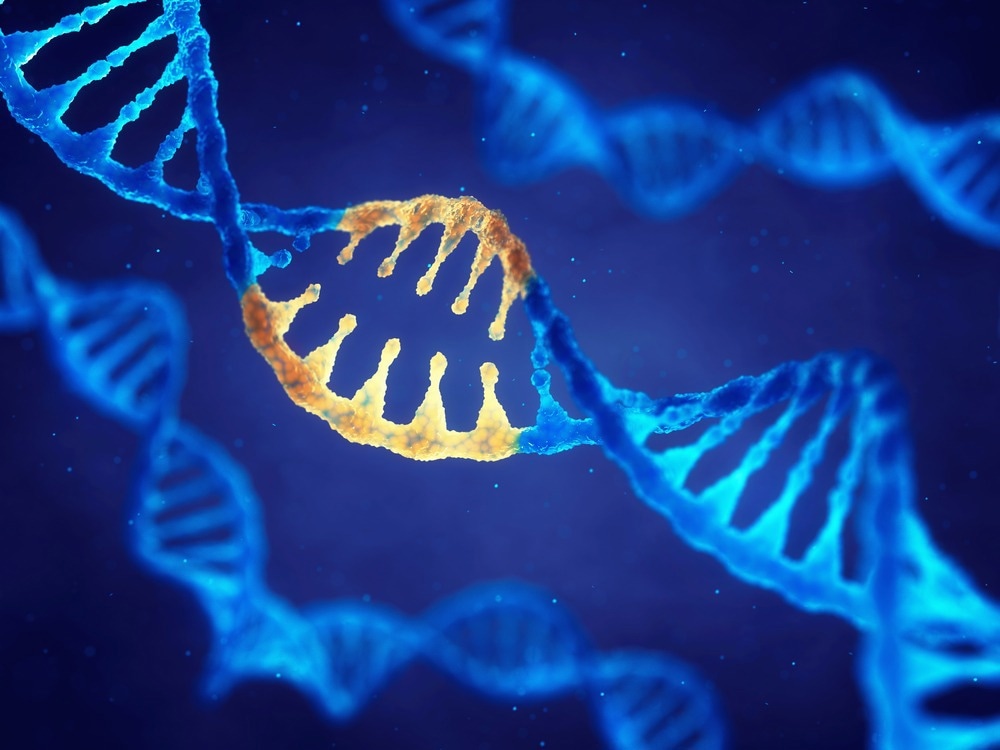 An artistic visualization of a DNA strand, with a highlighted segment representing a mutation or damage, surrounded by a blue and yellow color scheme to emphasize genetic alteration or instability.