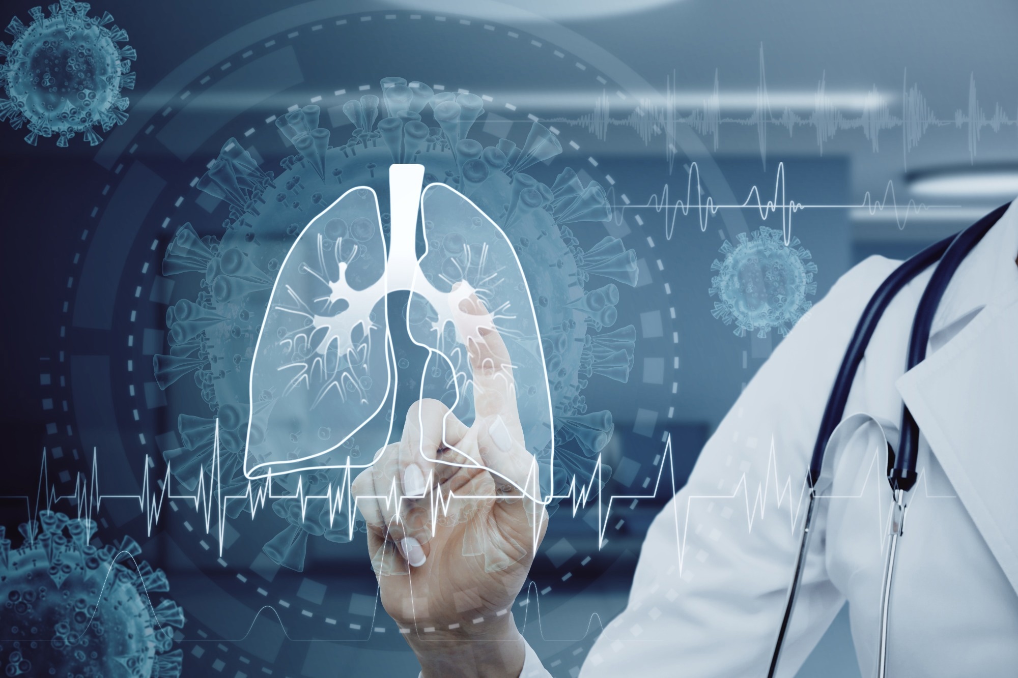 Close up of female doctor pointing at abstract glowing lung interface with virus outline on blurry background.