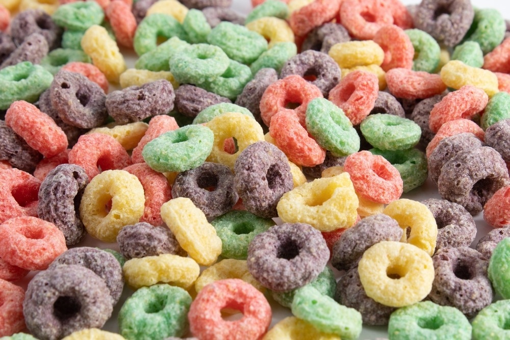 Multicolored breakfast cereal texture.