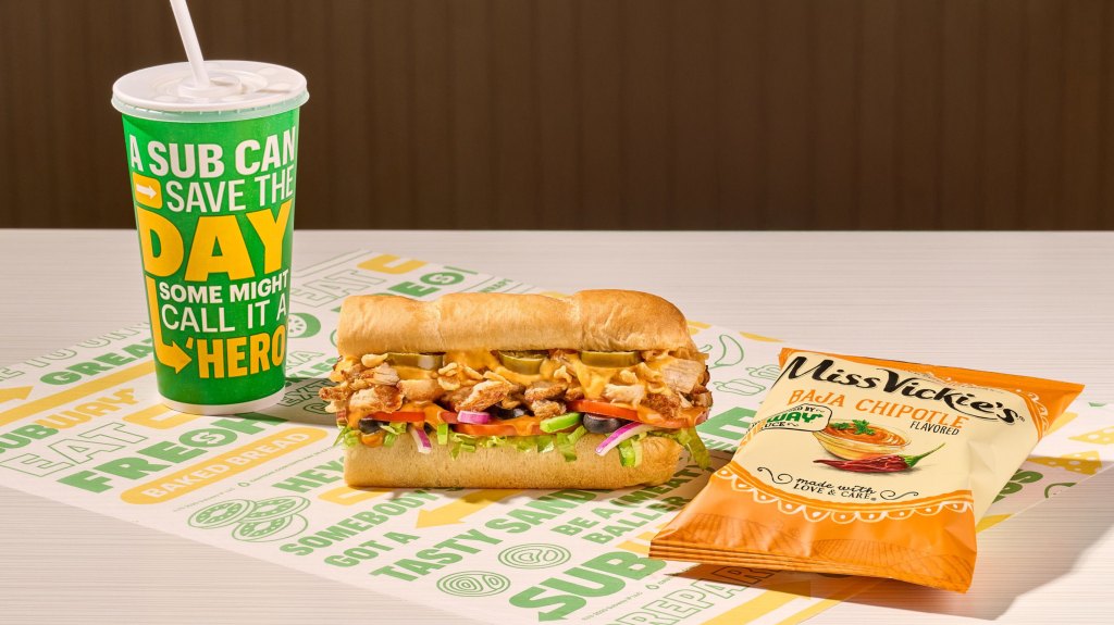 Baja Chipotle turkey sub with drink and chips