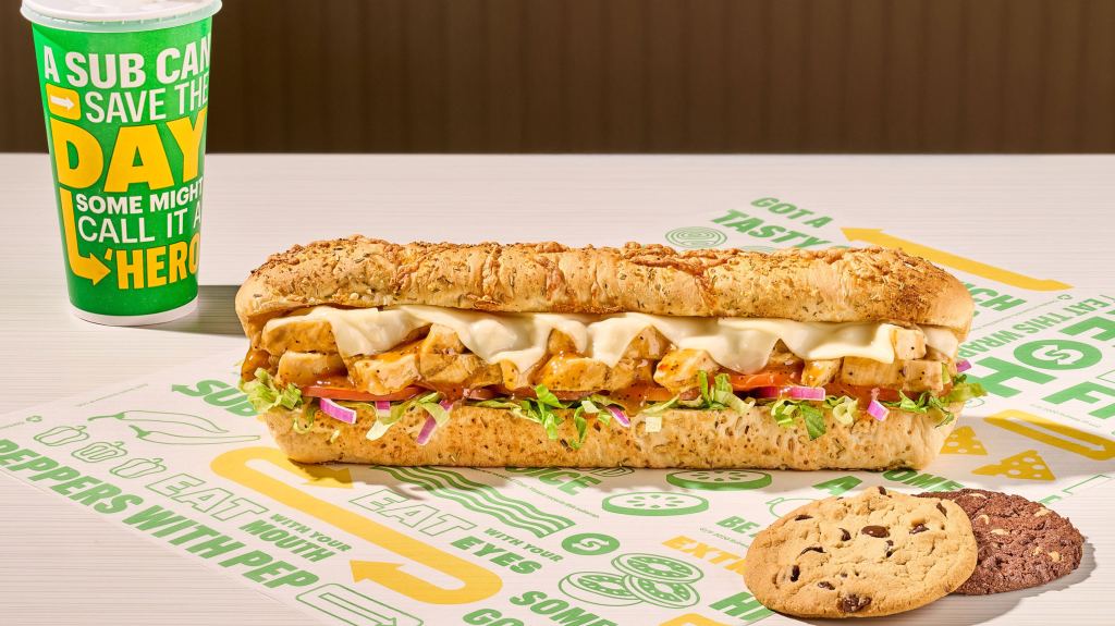 Baja Chipotle chicken sub with drink and cookies