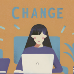 Teenage girl working on laptop with the word CHANGE