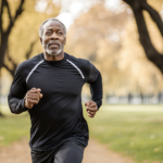 Middle aged Black man jogging in the park