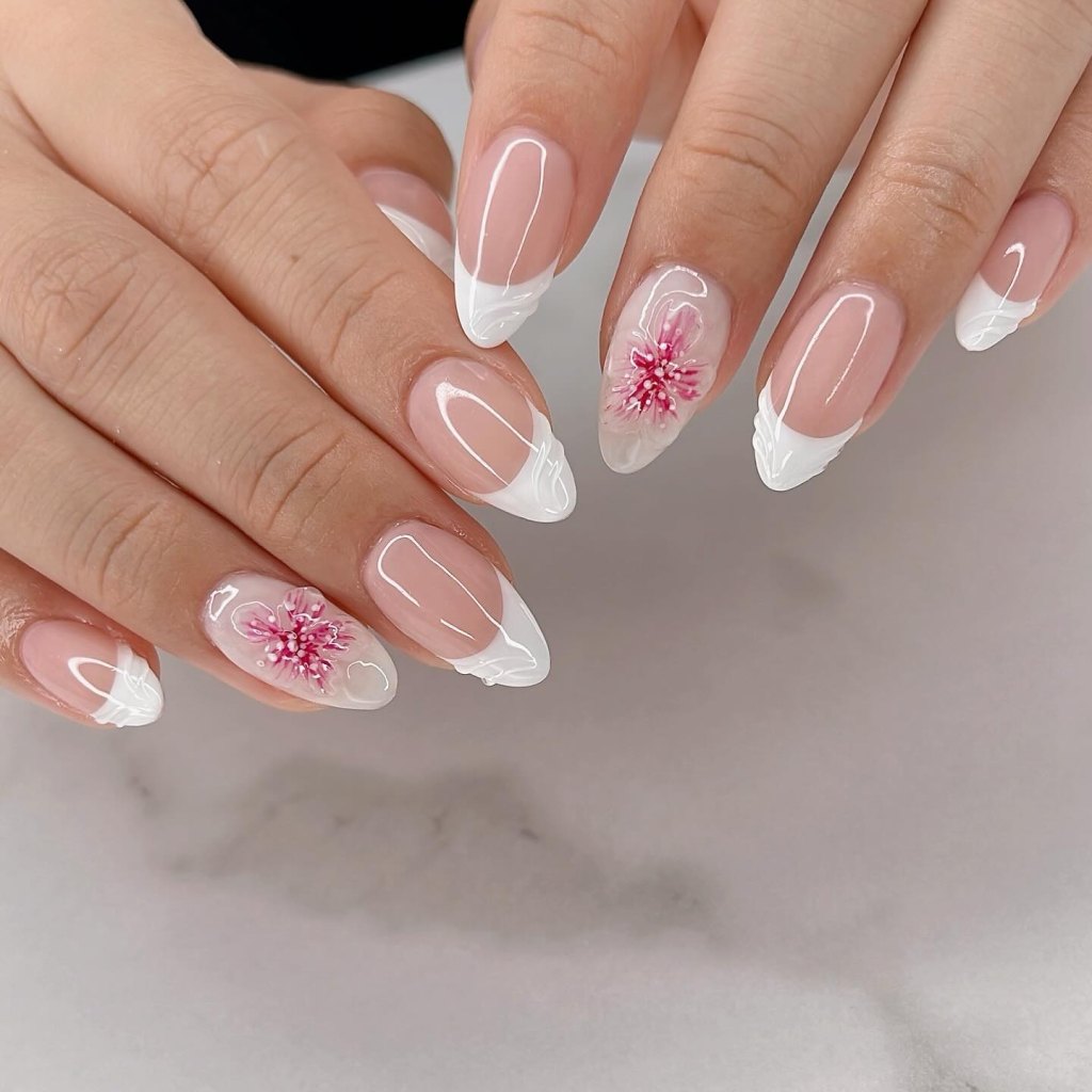 pink flower french tip nails