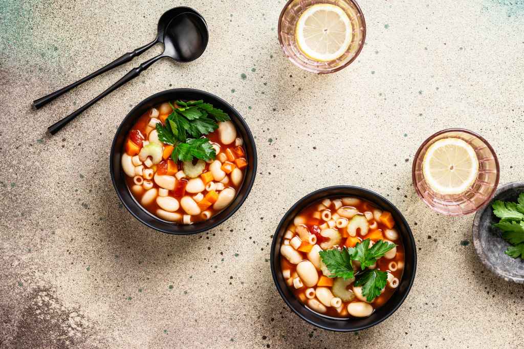 two bowls of Italian minestrone soup