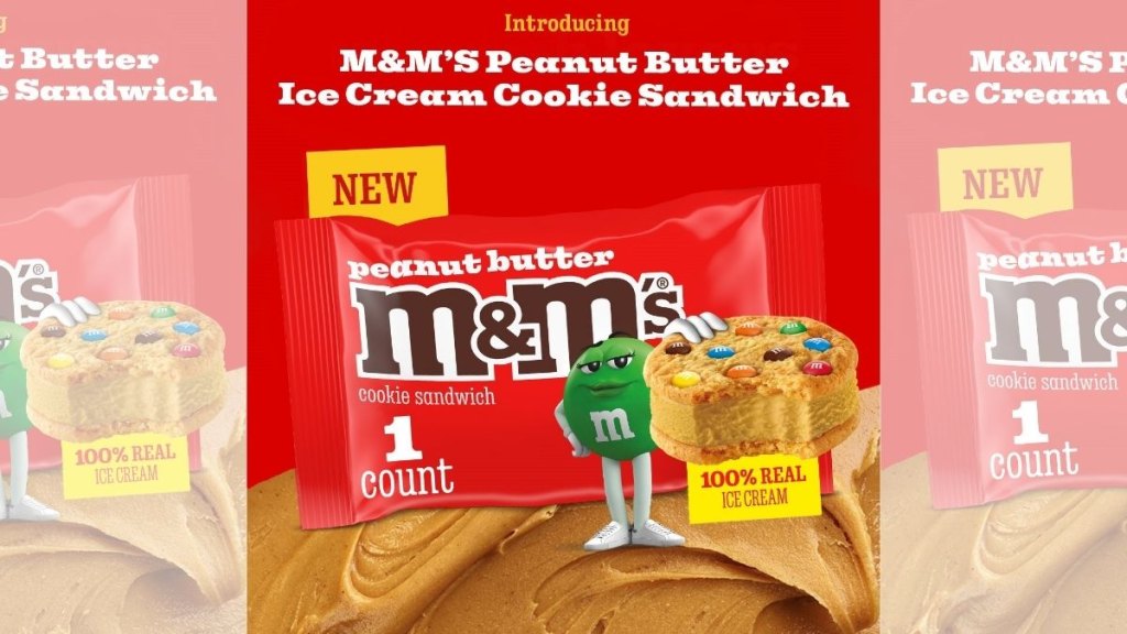 promo image of M&M's new peanut butter ice cream cookie sandwich