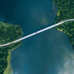 Aerial,View,Of,Bridge,Road,With,Red,Car,Over,Blue