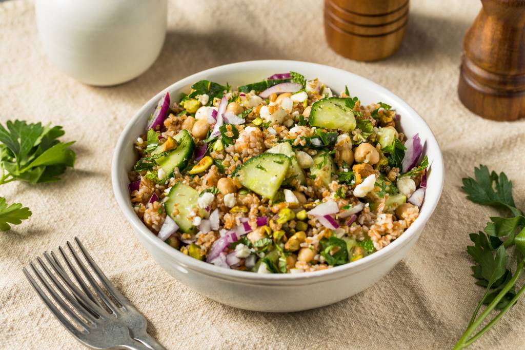 the viral Jennifer Aniston salad with bulgar wheat, cucumber and feta