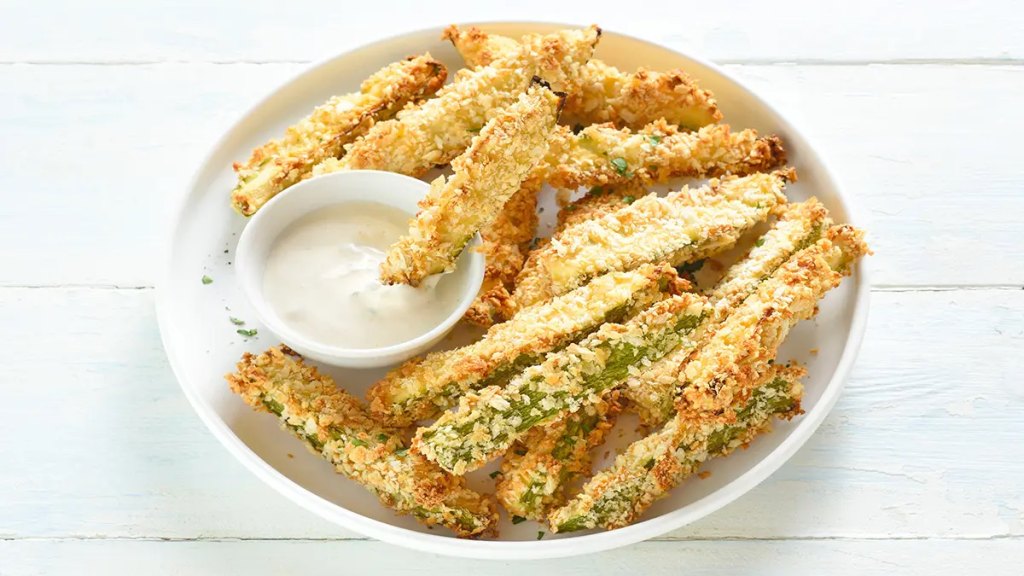 Air fryer zucchini fries as part of a roundup of Super Bowl snack ideas