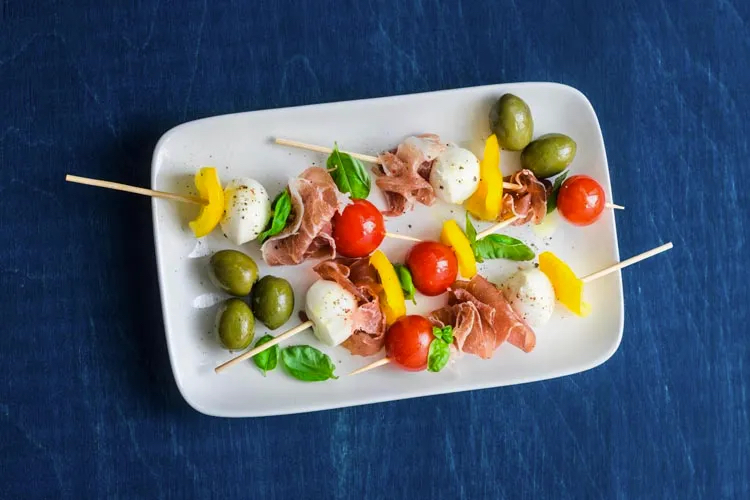 Antipasto kebabs as part of a roundup of Super Bowl snack ideas