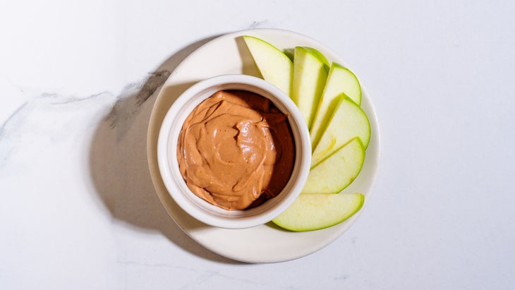 Chocolate dip made of creatine, protein powder, peanut butter, and almond milk.