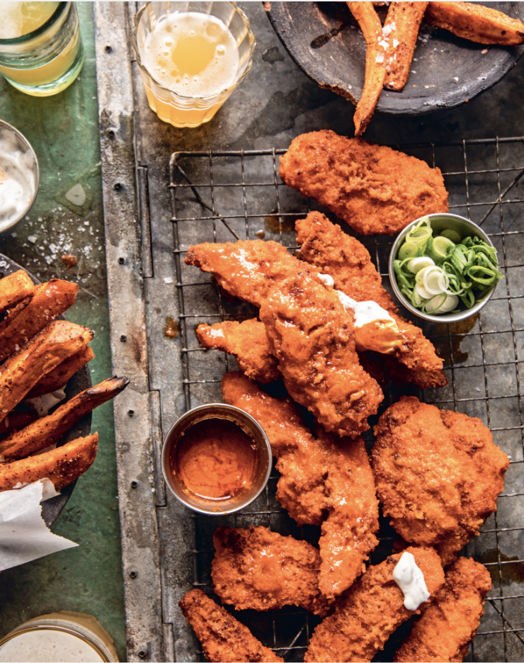 Baked Buffalo chicken tenders as part of a roundup of Galentine's Day food ideas