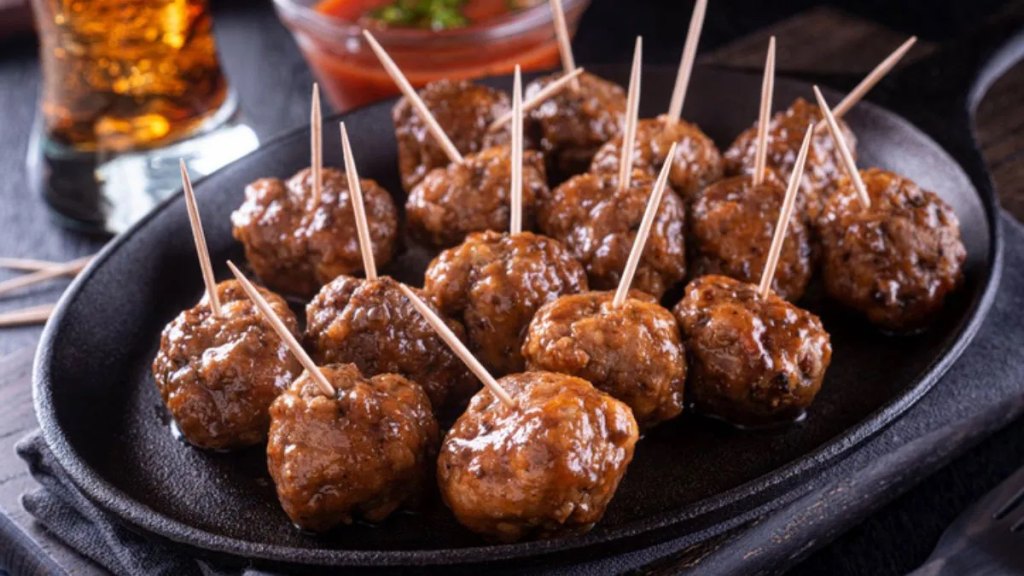 Bourbon meatballs as part of a roundup of Super Bowl snack ideas