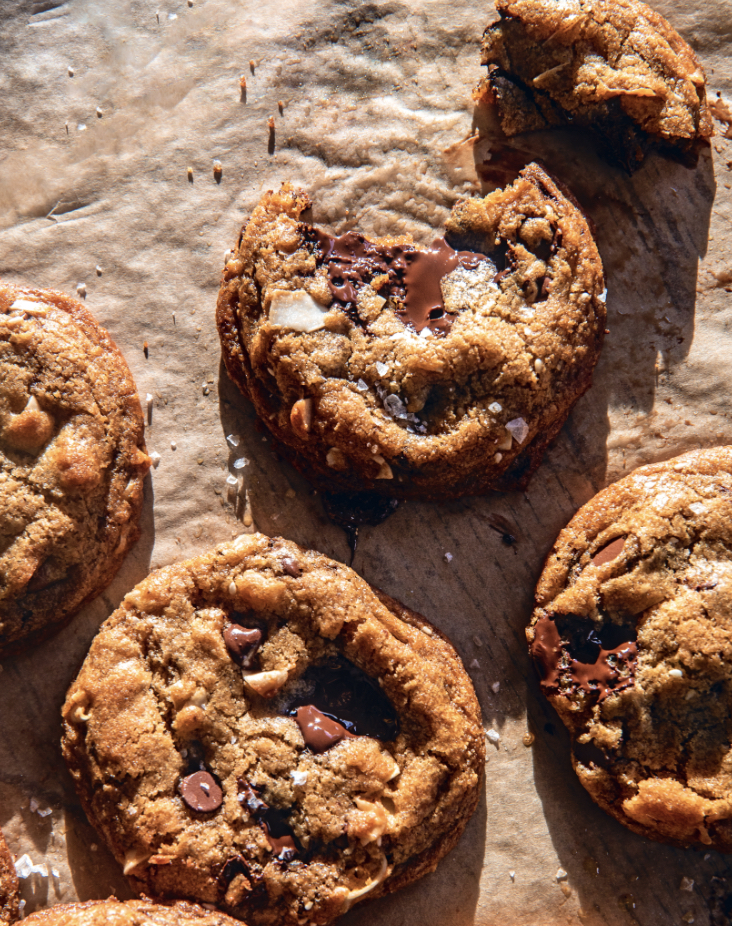 Brown butter coconut chocolate chip cookies as part of a roundup of Galentine's Day food ideas