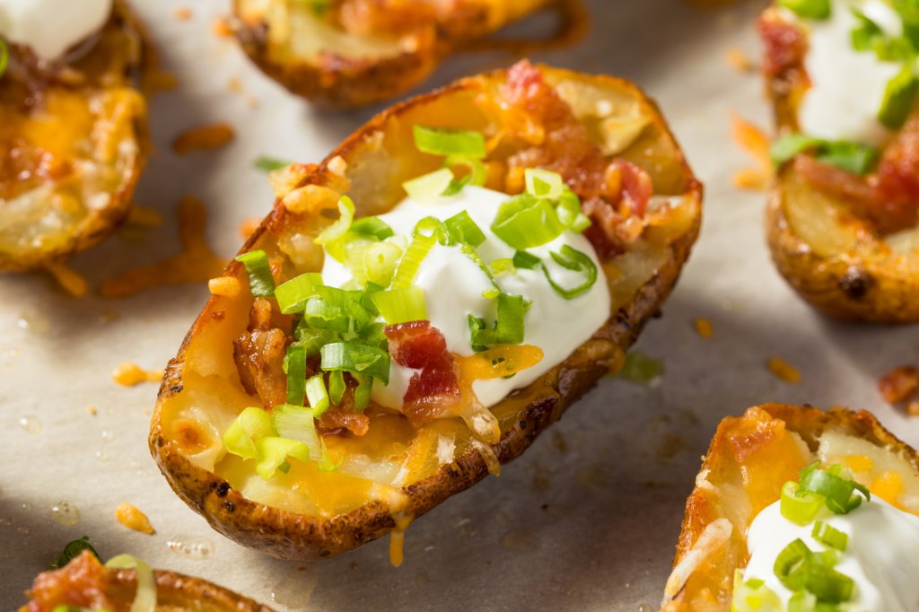 Loaded potato skins as part of a roundup of Super Bowl snack ideas