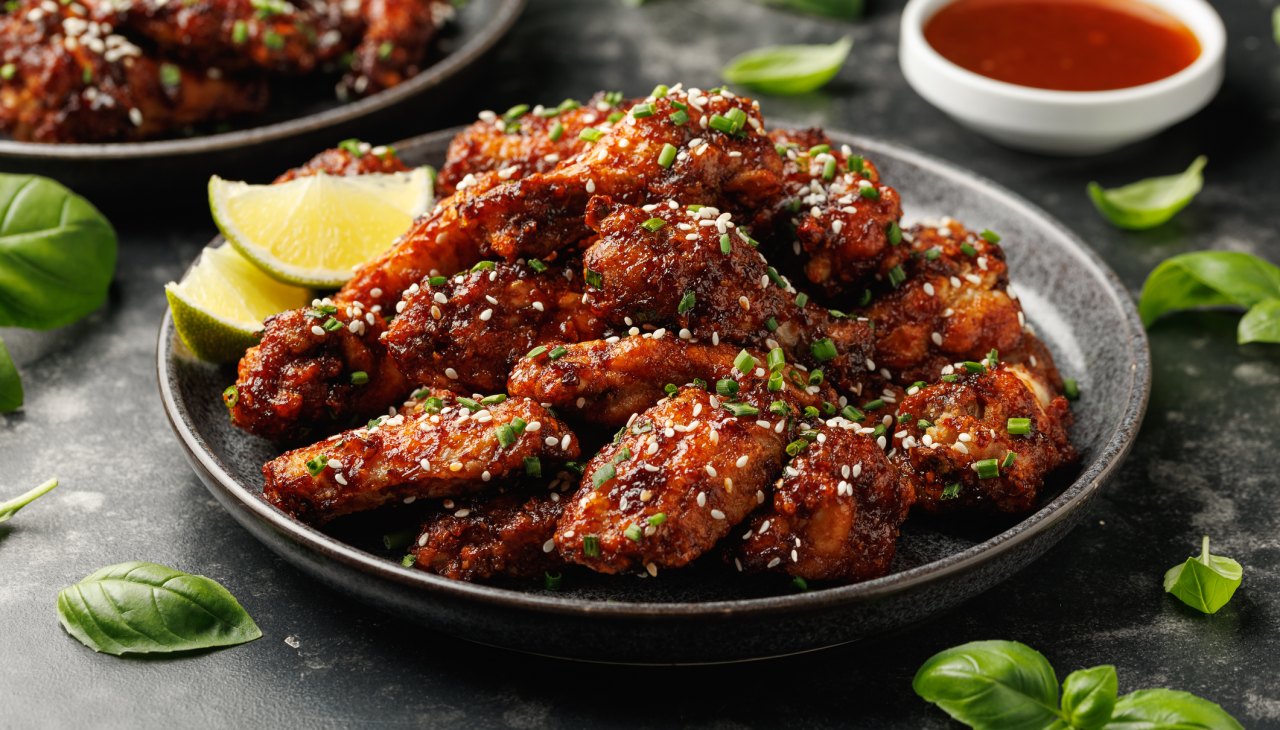 Spicy Korean chicken wings as part of a roundup of recipes for Super Bowl chicken wings