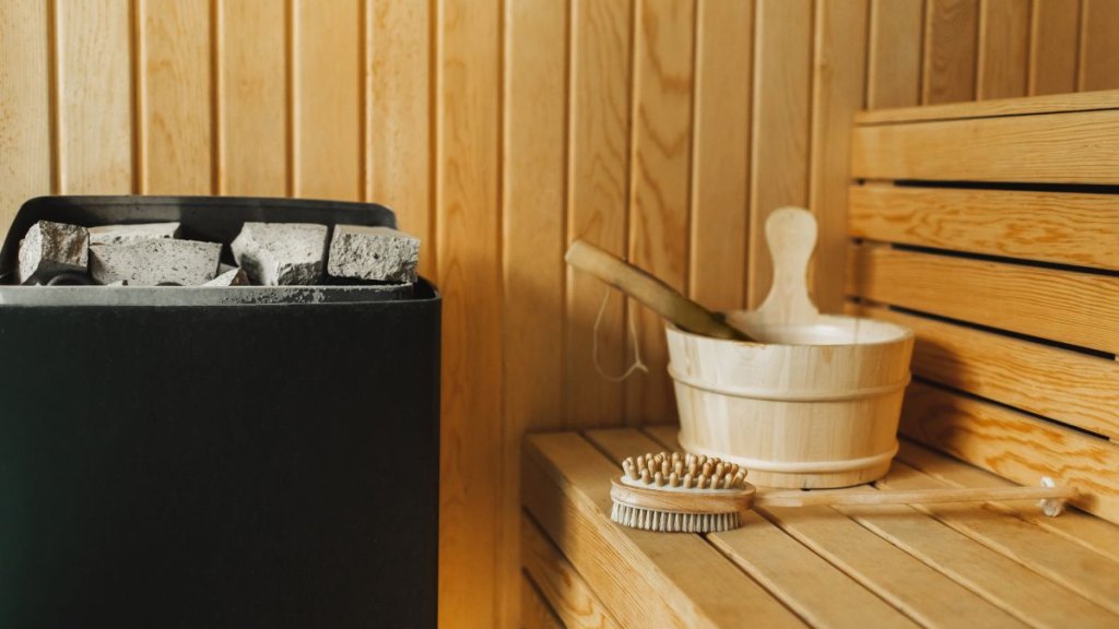 No people, copy space. Wooden cabin in sauna. Wellbeing and relaxation, leisure activity for good health.